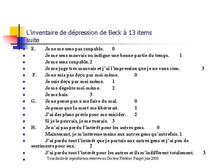 L’inventaire de dépression de Beck à 13 items suite n n n n n