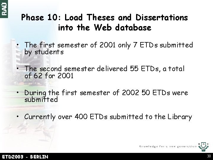 Phase 10: Load Theses and Dissertations into the Web database • The first semester