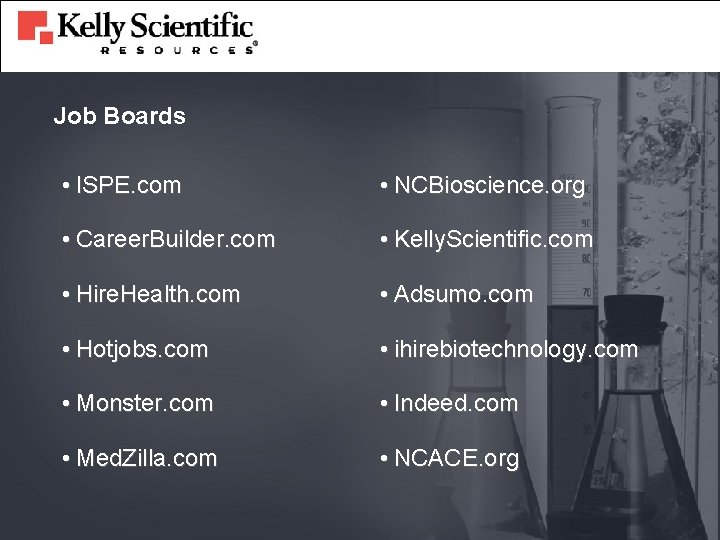 Job Boards • ISPE. com • NCBioscience. org • Career. Builder. com • Kelly.