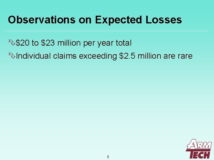Observations on Expected Losses Ê$20 to $23 million per year total ÊIndividual claims exceeding