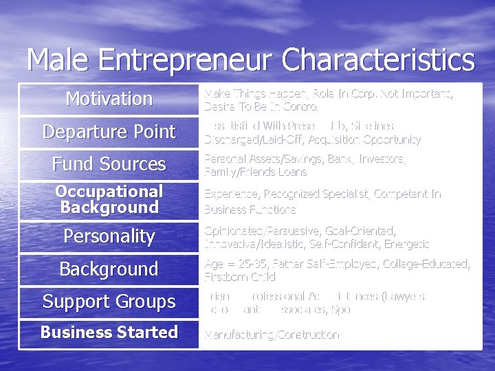 Male Entrepreneur Characteristics Motivation Departure Point Make Things Happen, Role In Corp. Not Important,