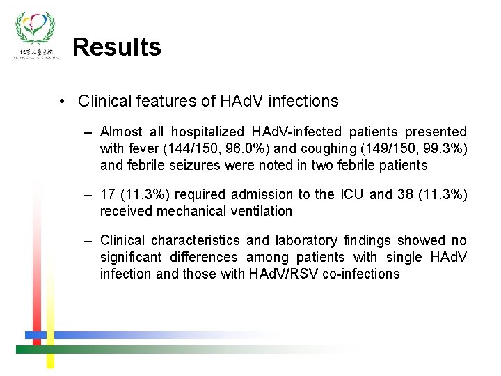 Results • Clinical features of HAd. V infections – Almost all hospitalized HAd. V-infected