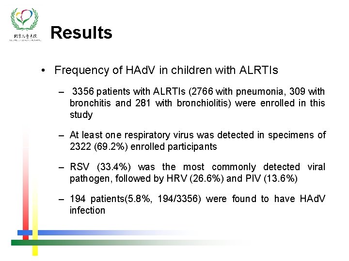 Results • Frequency of HAd. V in children with ALRTIs – 3356 patients with