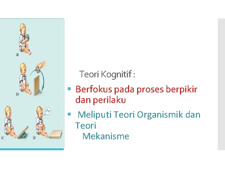 Teori Kognitif : § Berfokus pada proses berpikir dan perilaku § Meliputi Teori Organismik