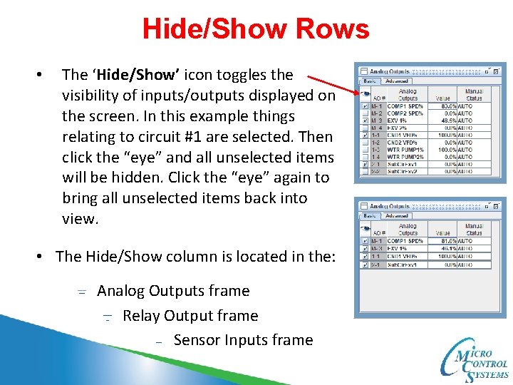 Hide/Show Rows • The ‘Hide/Show’ icon toggles the visibility of inputs/outputs displayed on the