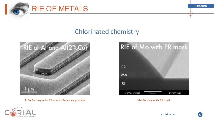 RIE OF METALS 11/2/2020 Chlorinated chemistry Al. Cu Etching with PR mask – Selective RIE OF METALS 11/2/2020 Chlorinated chemistry Al. Cu Etching with PR mask – Selective