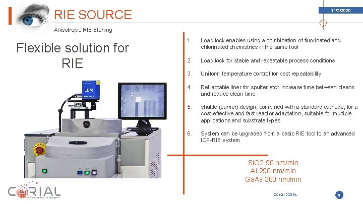 RIE SOURCE 11/2/2020 Anisotropic RIE Etching Flexible solution for RIE 1. Load lock enables RIE SOURCE 11/2/2020 Anisotropic RIE Etching Flexible solution for RIE 1. Load lock enables