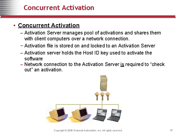 Concurrent Activation • Concurrent Activation – Activation Server manages pool of activations and shares
