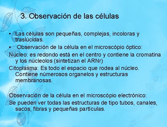 3. Observación de las células • Las células son pequeñas, complejas, incoloras y traslúcidas. 3. Observación de las células • Las células son pequeñas, complejas, incoloras y traslúcidas.