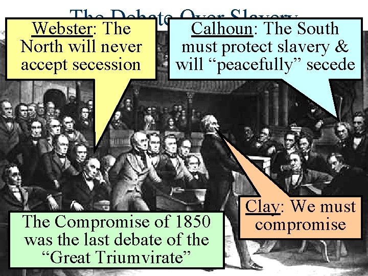 The Debate Over Slavery Webster: The Calhoun: The South North will never accept secession