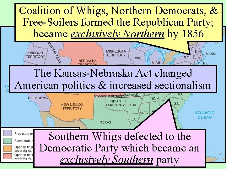 Coalition of Whigs, Northern Democrats, The Kansas-Nebraska Act of 1854 & Free-Soilers formed the