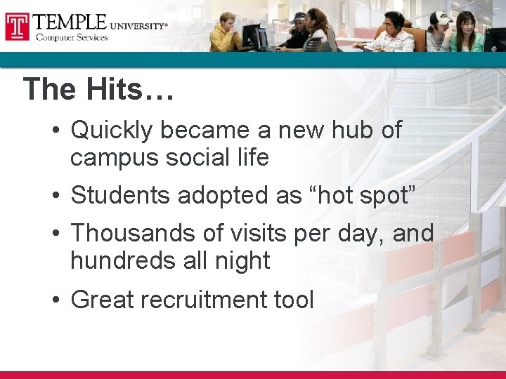 The Hits… • Quickly became a new hub of campus social life • Students The Hits… • Quickly became a new hub of campus social life • Students