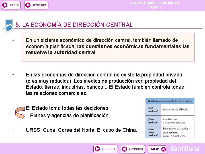 INICIO LOS SISTEMAS ECONÓMICOS TEMA 2 INTERNET 5. LA ECONOMÍA DE DIRECCIÓN CENTRAL •