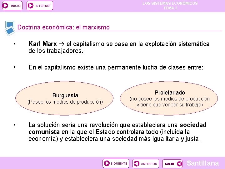 INICIO LOS SISTEMAS ECONÓMICOS TEMA 2 INTERNET Doctrina económica: el marxismo • Karl Marx