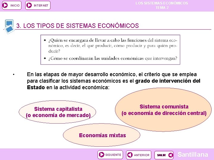 INICIO LOS SISTEMAS ECONÓMICOS TEMA 2 INTERNET 3. LOS TIPOS DE SISTEMAS ECONÓMICOS •