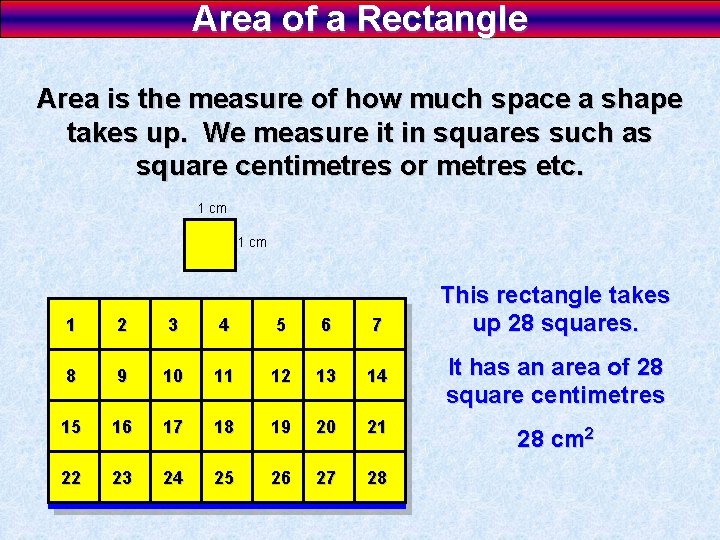 Area of a Rectangle Area is the measure of how much space a shape