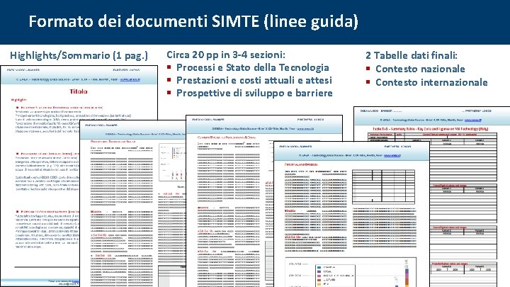 Formato dei documenti SIMTE (linee guida) Highlights/Sommario (1 pag. ) Circa 20 pp in