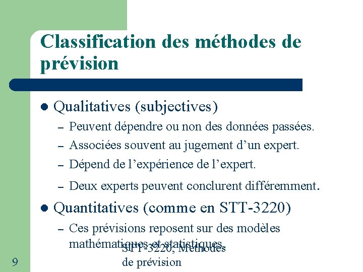 Classification des méthodes de prévision Qualitatives (subjectives) – Peuvent dépendre ou non des données