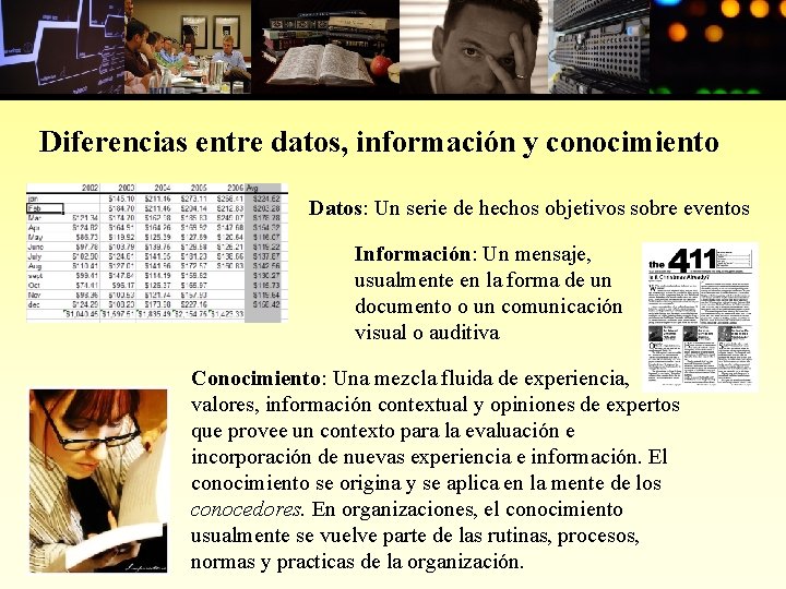 Diferencias entre datos, información y conocimiento Datos: Un serie de hechos objetivos sobre eventos