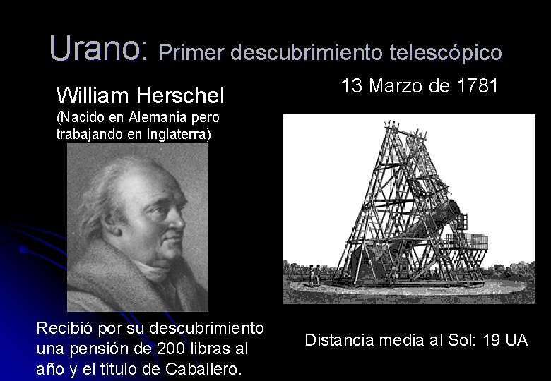 Urano: Primer descubrimiento telescópico William Herschel 13 Marzo de 1781 (Nacido en Alemania pero