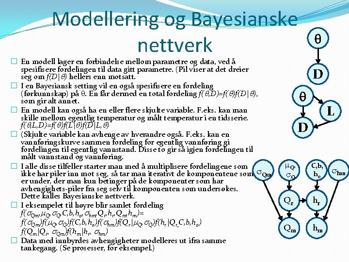 Modellering og Bayesianske nettverk � En modell lager en forbindelse mellom parametre og data,