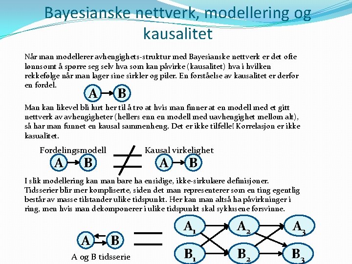 Bayesianske nettverk, modellering og kausalitet Når man modellerer avhengighets-struktur med Bayesianske nettverk er det