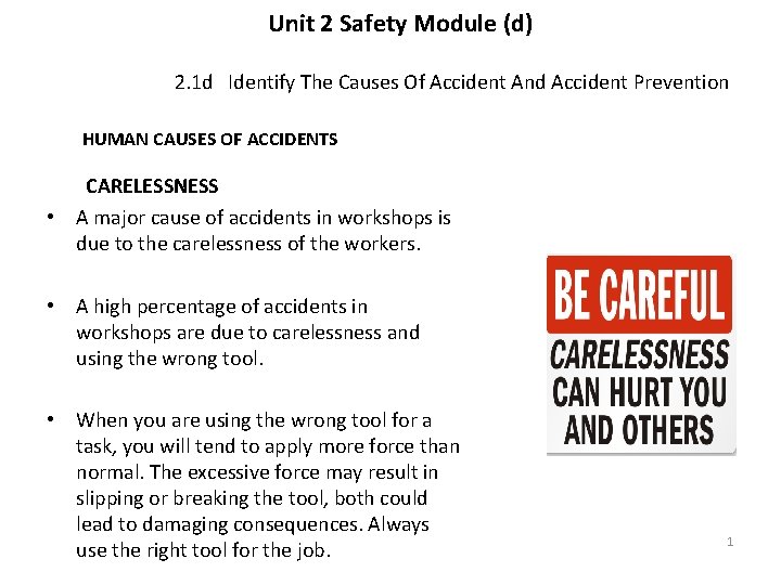 Unit 2 Safety Module (d) 2. 1 d Identify The Causes Of Accident And