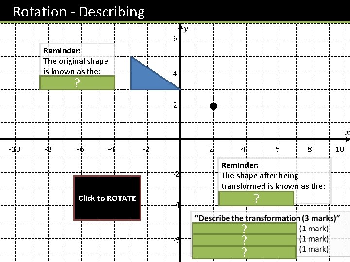 Rotation - Describing 8 6 Reminder: The original shape is known as the: OBJECT