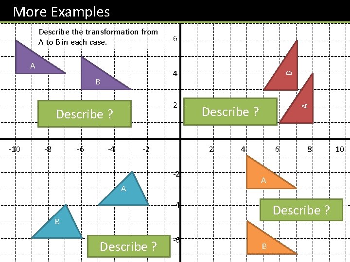 More Examples 8 Describe the transformation from A to B in each case. A