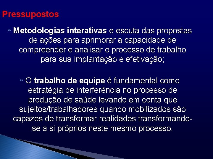 Pressupostos Metodologias interativas e escuta das propostas de ações para aprimorar a capacidade de