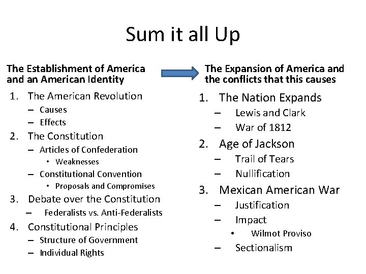Sum it all Up The Establishment of America and an American Identity 1. The