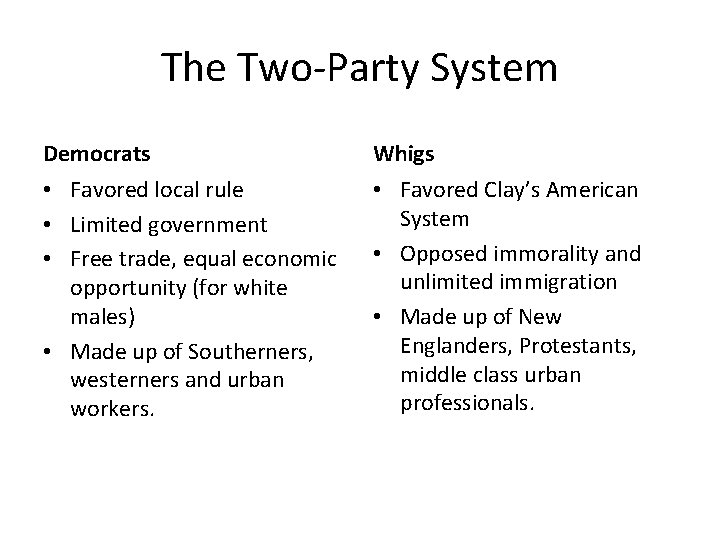 The Two-Party System Democrats Whigs • Favored local rule • Limited government • Free