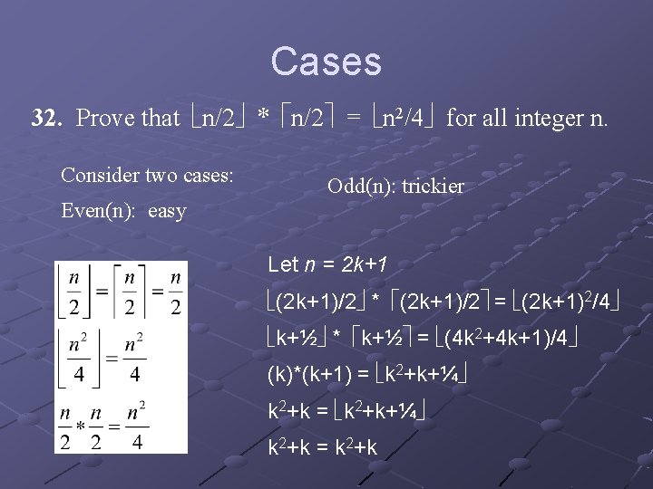 Cases 32. Prove that n/2 * n/2 = n 2/4 for all integer n.