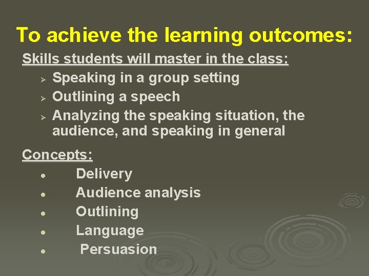 To achieve the learning outcomes: Skills students will master in the class: Ø Speaking