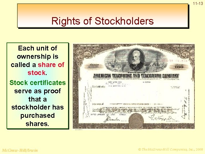 11 -13 Rights of Stockholders Each unit of ownership is called a share of