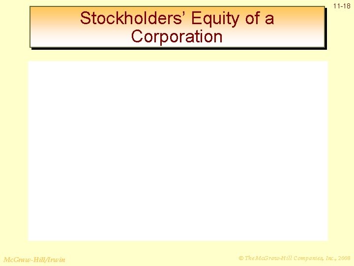 Stockholders’ Equity of a Corporation Mc. Graw-Hill/Irwin 11 -18 © The Mc. Graw-Hill Companies,