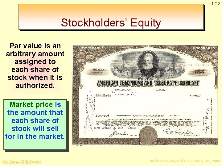 11 -22 Stockholders’ Equity Par value is an arbitrary amount assigned to each share