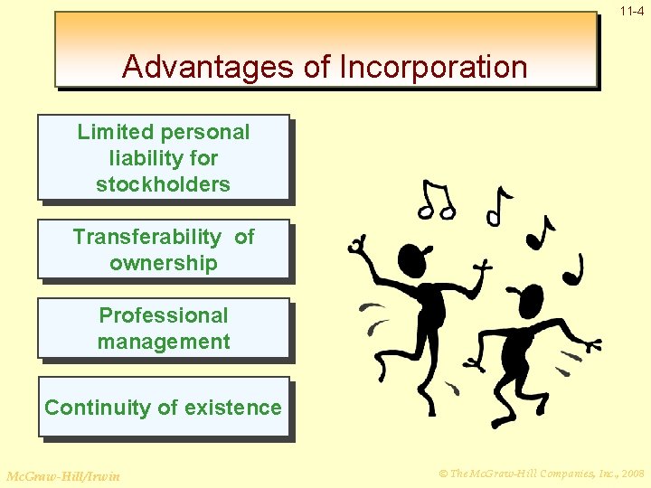 11 -4 Advantages of Incorporation Limited personal liability for stockholders Transferability of ownership Professional