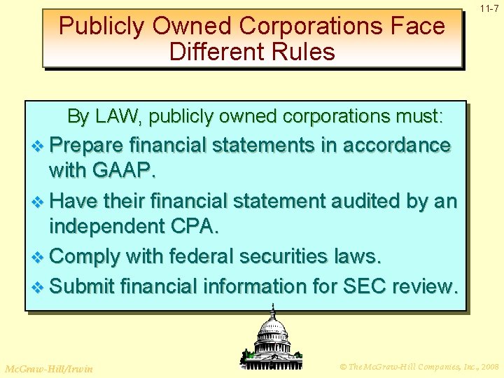 Publicly Owned Corporations Face Different Rules 11 -7 By LAW, publicly owned corporations must: