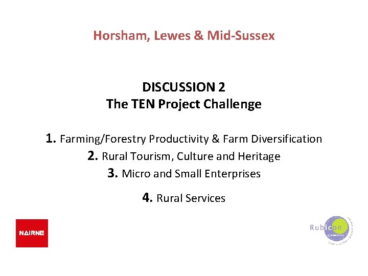 Horsham, Lewes & Mid-Sussex DISCUSSION 2 The TEN Project Challenge 1. Farming/Forestry Productivity &