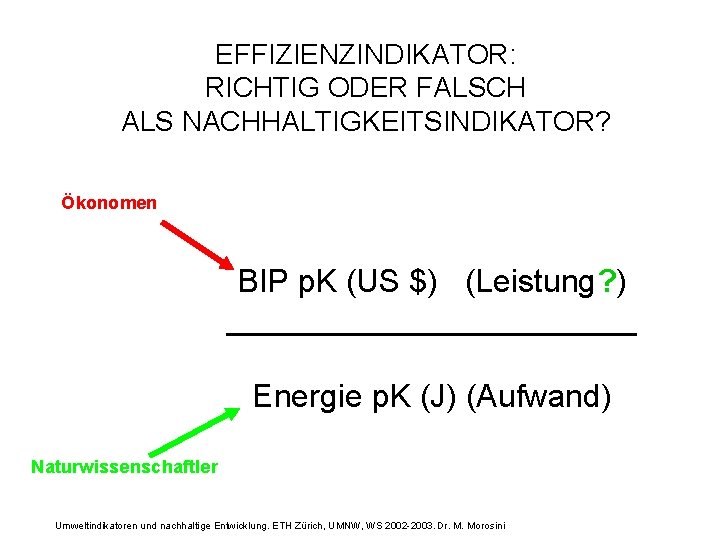 EFFIZIENZINDIKATOR: RICHTIG ODER FALSCH ALS NACHHALTIGKEITSINDIKATOR? Ökonomen BIP p. K (US $) (Leistung? )