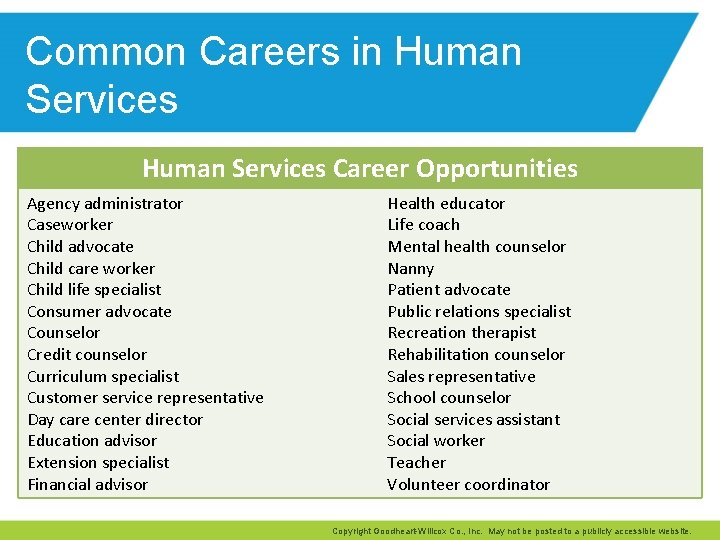 Common Careers in Human Services Career Opportunities Agency administrator Caseworker Child advocate Child care
