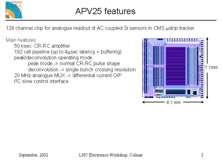 APV 25 features 128 channel chip for analogue readout of AC coupled Si sensors