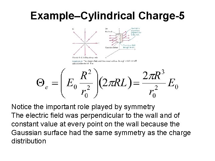 Example–Cylindrical Charge-5 Notice the important role played by symmetry The electric field was perpendicular