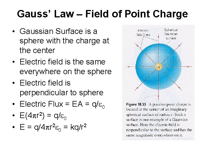 Gauss’ Law – Field of Point Charge • Gaussian Surface is a sphere with