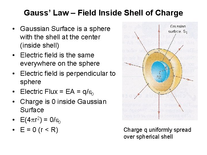 Gauss’ Law – Field Inside Shell of Charge • Gaussian Surface is a sphere