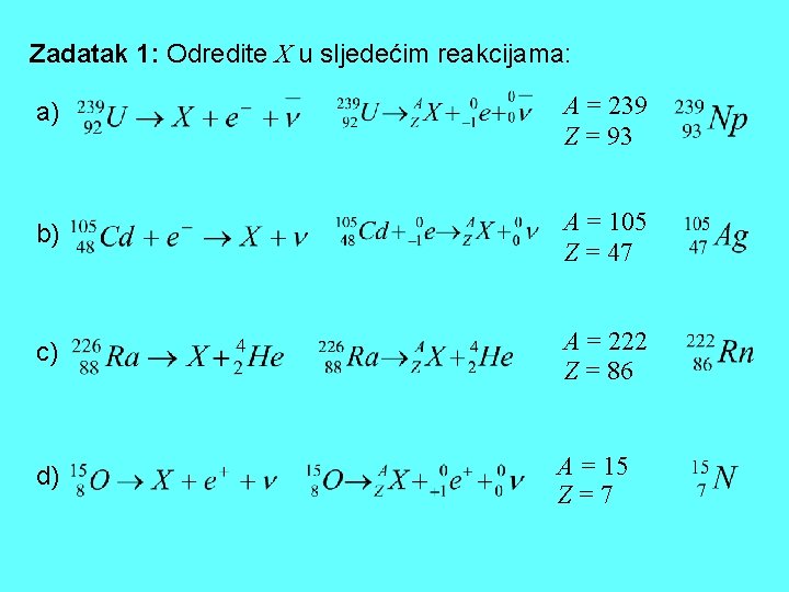Zadatak 1: Odredite X u sljedećim reakcijama: a) A = 239 Z = 93 Zadatak 1: Odredite X u sljedećim reakcijama: a) A = 239 Z = 93