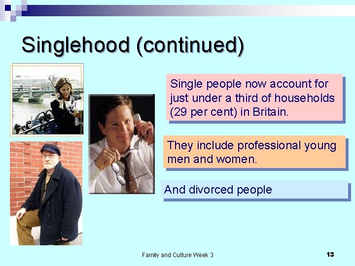 Singlehood (continued) Single people now account for just under a third of households (29