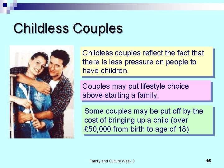Childless Couples Childless couples reflect the fact that there is less pressure on people