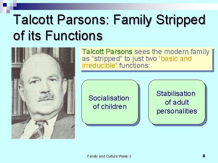 Talcott Parsons: Family Stripped of its Functions Talcott Parsons sees the modern family as